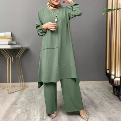 2024 Elegant Puff Sleeve Shirt & Wide Leg Pants Set for Muslim Women