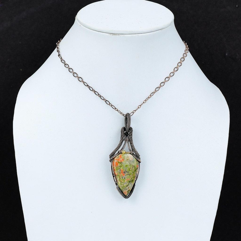 Unakite Gemstone Pure Copper Wire Wrapped Handmade Pendant Jewelry For Gift