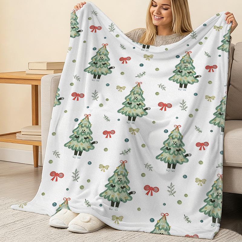 Christmas Tree Flannel Throw Blanket, Soft Plush Trimmed, Warm Cozy for Home, Couch & Holiday Use