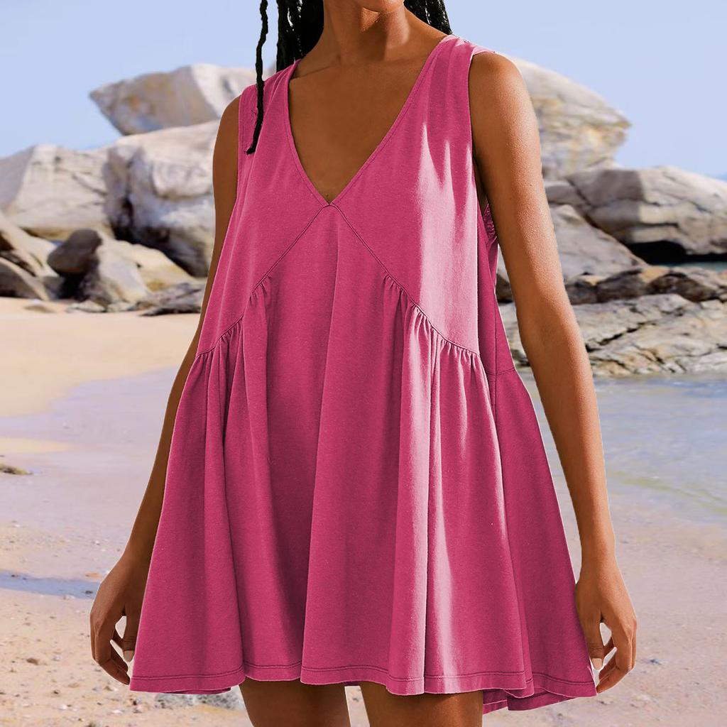 Women's Summer Sleeveless Dress Casual Loose V-neck Tank Top With Pockets