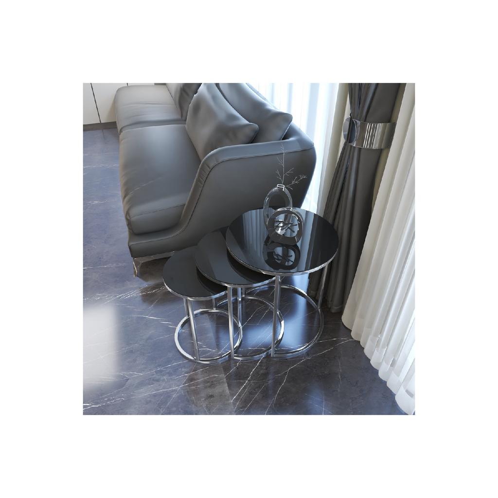 Ceylin 3-seat Nesting Coffee Table Silver Color Metal Leg, Black Unbreakable Mirror