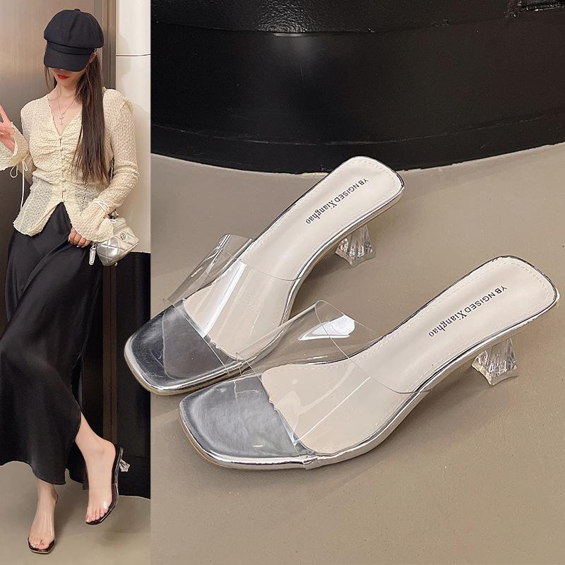 High-heeled Crystal and Slippers Women's Foreign Trade 2025 New High-heeled Sandals Wear One-word Transparent Belt Korean Slippers