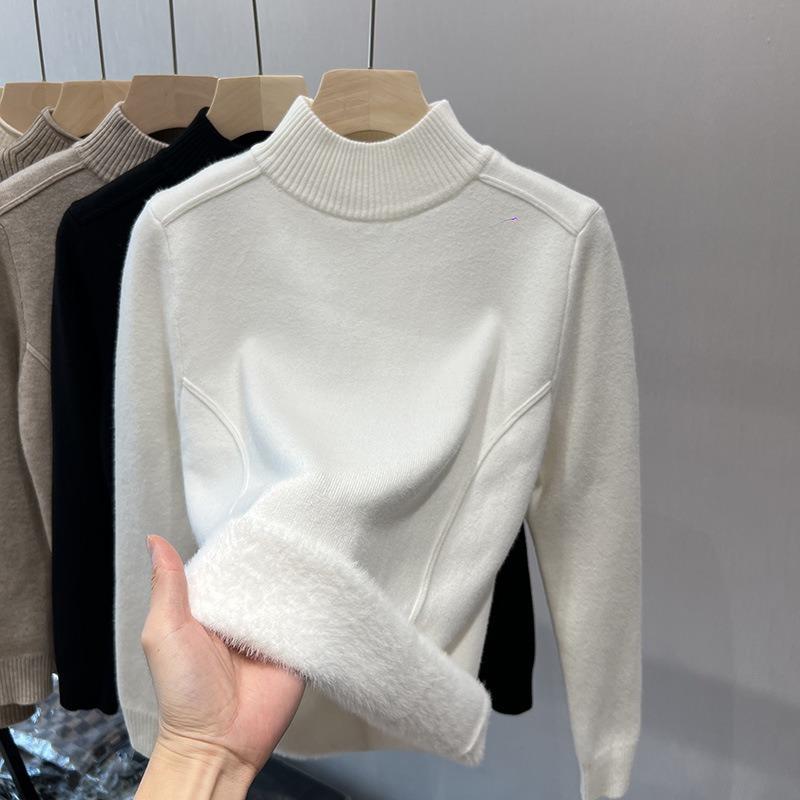 Fleece Thickened Sweater Women's Winter Design Sense Knitted Integrated Fleece Warm Bottoming Shirt with Autumn and Winter Semi-turtleneck Top