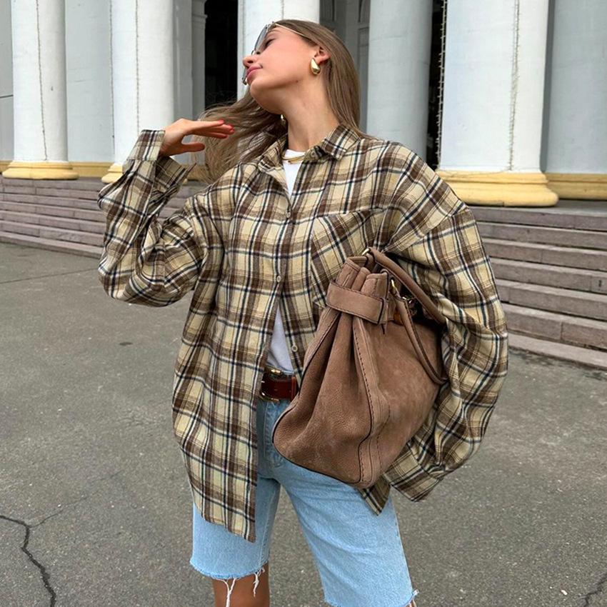 1116 Autumn Retro Plaid American Shirt Loose Casual Outside Long Sleeve Women's Top Fashion Plaid Shirt