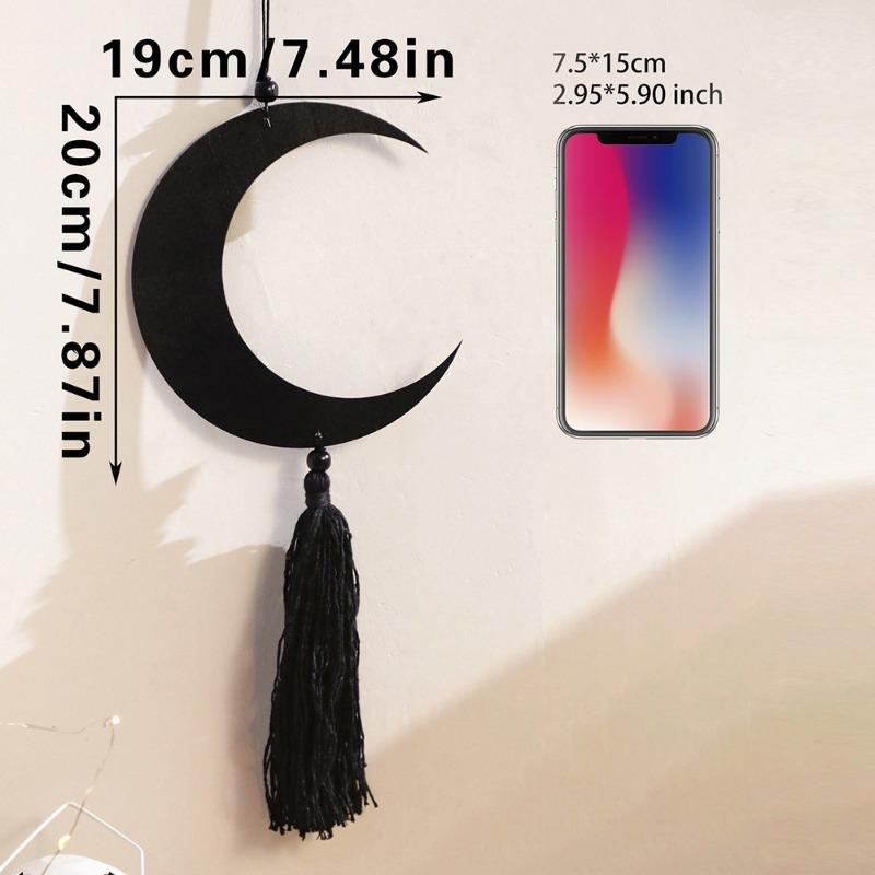 Black Star and Moon Tassel Wooden Handicraft Pendant for Home Bedroom Wall Decoration Holiday Arrangement