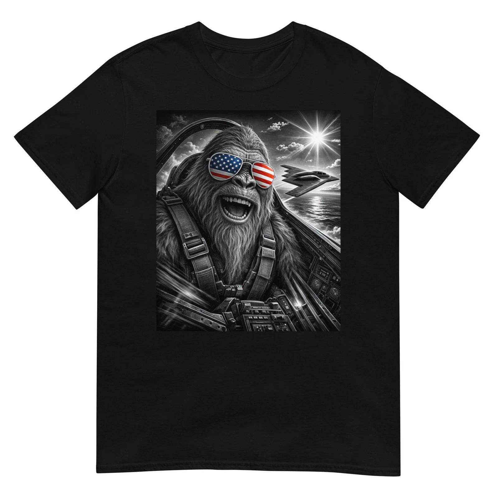 Bigfoot Pilot Selfie with Stealth Jet Sasquatch 4th of July T-Shirt XL