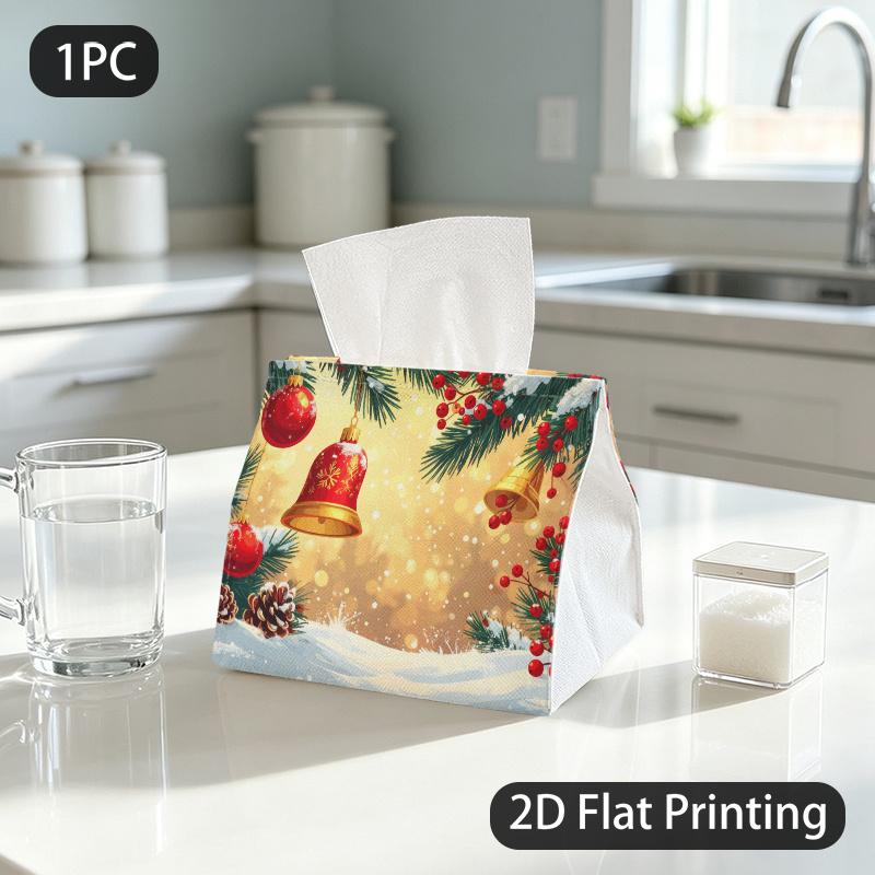 1pc Tissue Box, Festive Holiday Style Christmas Elements Warm Joyful Pattern, 2D Flat Printing, Polyester Fabric, Machine Washable, Tissue Container,
