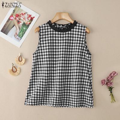 Women Plaid Print Summer Casual Round Neck Sleeveless Tank Tops