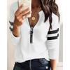 Maglietta Casual a Maniche Lunghe con Scollo a V e Zip da Donna Taglie Forti a Maglia a Righe