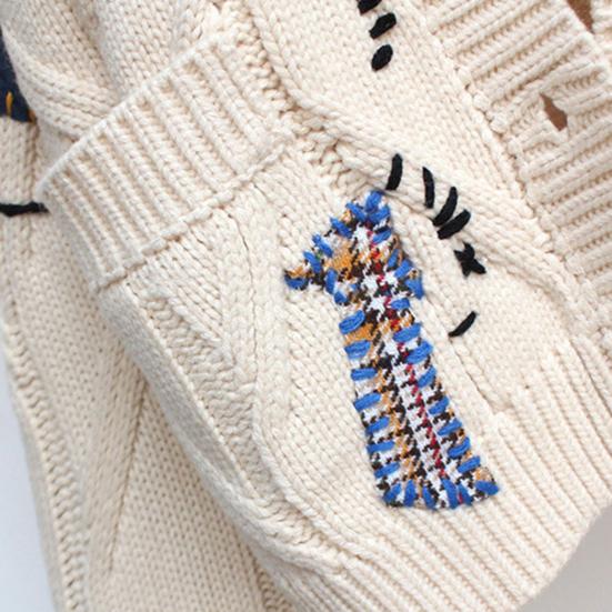V Neck Long Sleeves Pockets Ribbed Trim Knitted Coat Winter Embroidery Letter Pattern