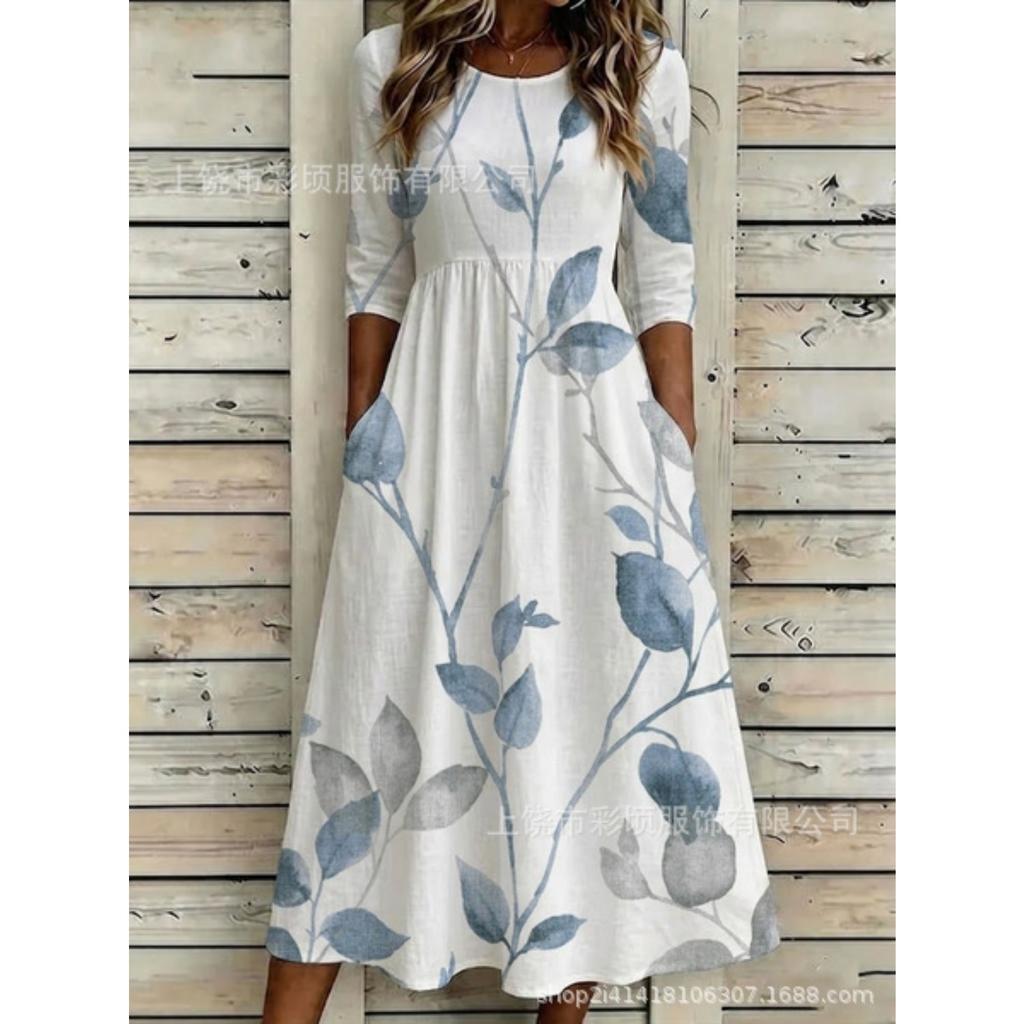 Women's Crew Neck Long Sleeve Loose Fit A-Line Midi Dress Casual 3D Floral Print