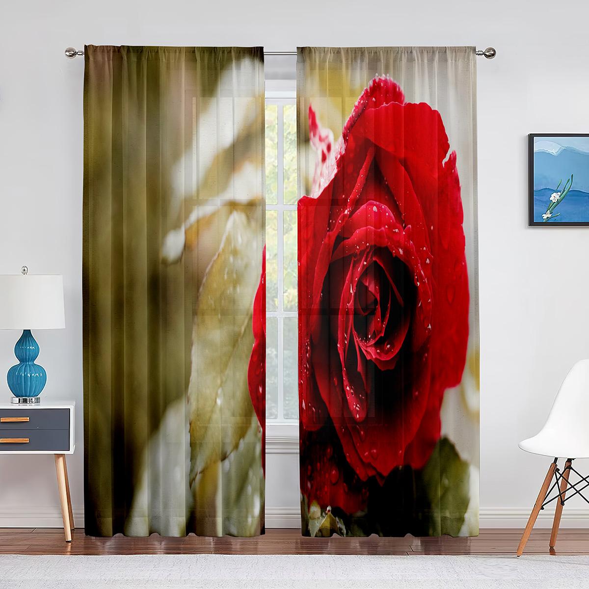 Красная Роза День Святого Валентина Цветочный Романтический Тюль Прозрачные Оконные Шторы — фото 10