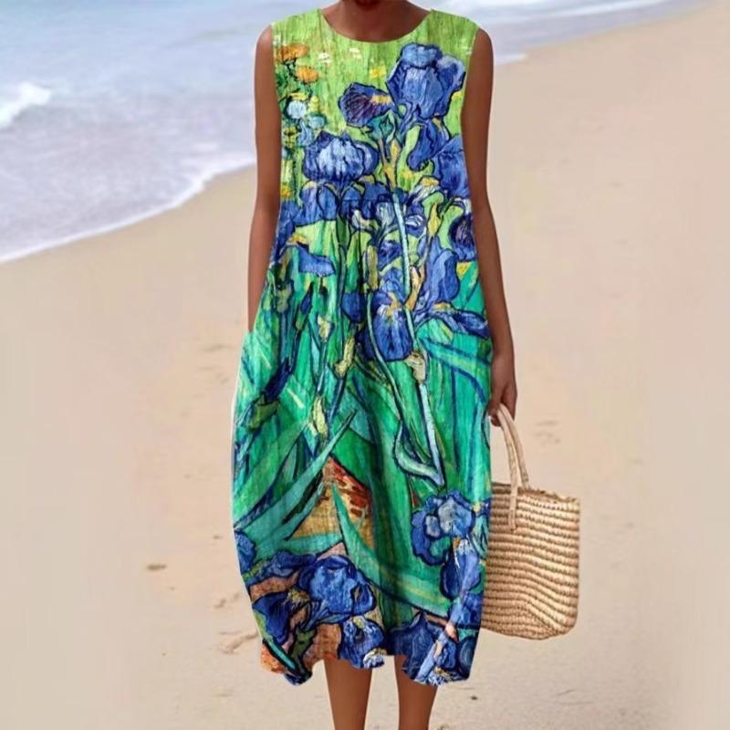 LYRIA 3D-Druck Rundhals Leichtes Kleid Ärmellos Sommer Strandkleid Lässig Mode A-Linien-Kleid Damen Elegante Blumenkleider