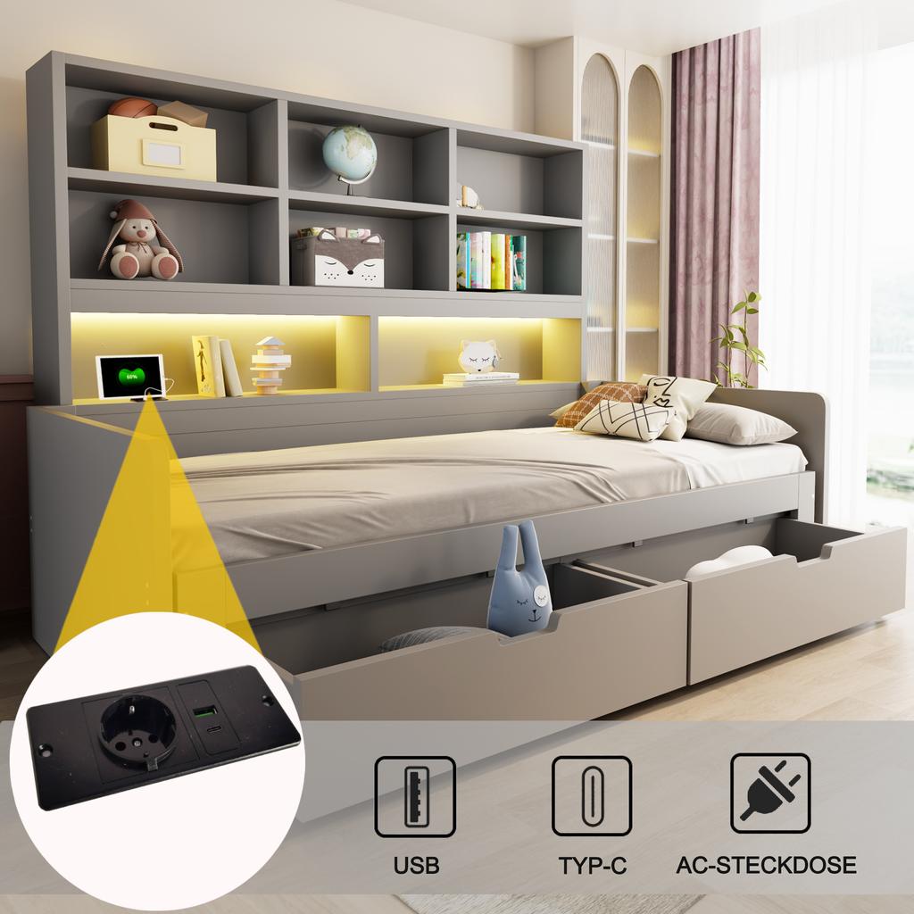 Wooden Sofa Bed 90/180 x 200 cm, Pull-Out Bed, LED Lighting, Youth Bed Frame With Sockets, Open Storage Compartments and Drawers, Grey