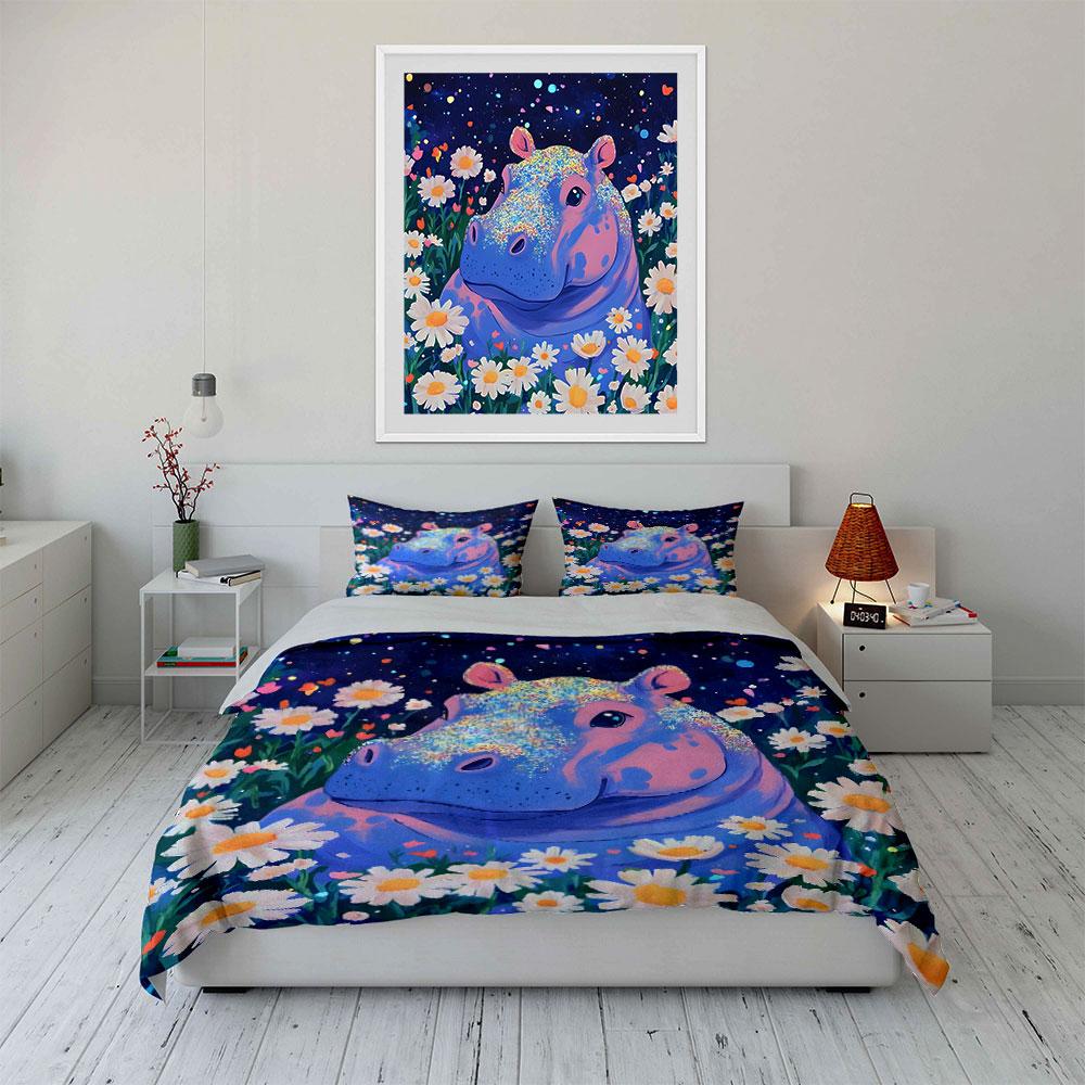 Dreamy Hippo With Daisy Field Bedding Set For Kids Luxury Gift 3Pcs Digital Print Comforter Set Soft Comfortable Breathable