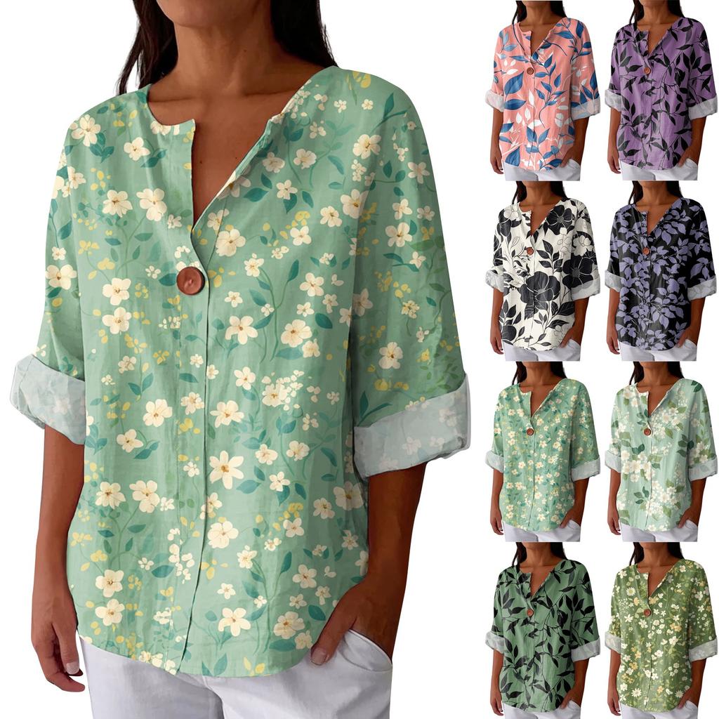 Women's Fashionable Casual V-neck Button Seven Quarter Sleeve Printed Cotton And Linen Top