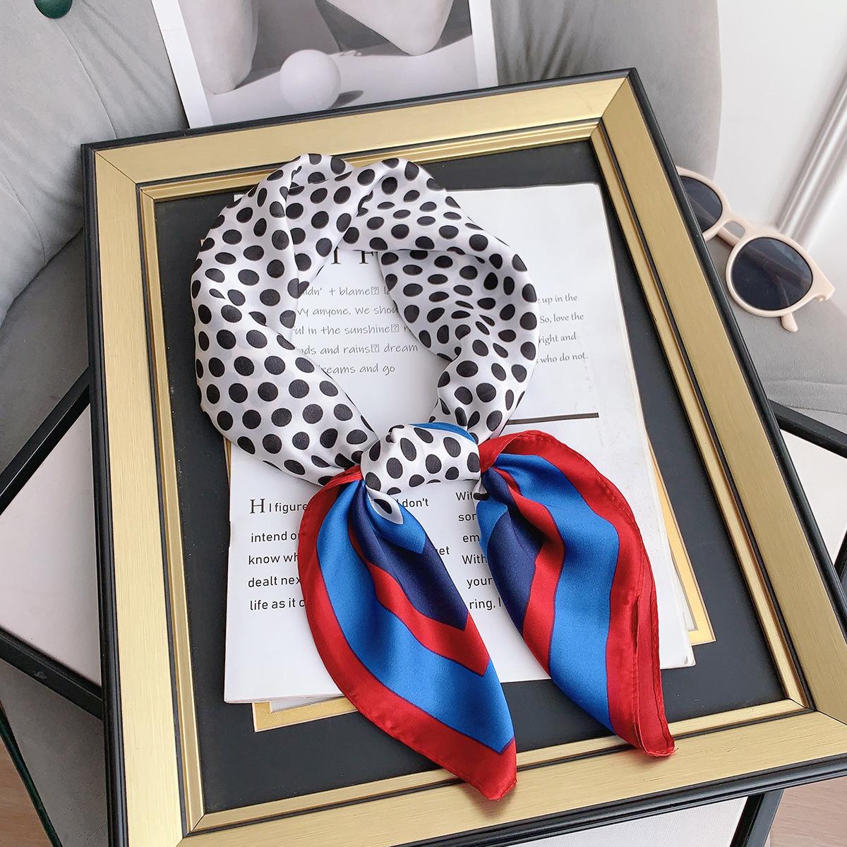 

Retro literary polka dot new imitation silk square scarf summer travel outer neck small silk scarf women tie bag 70*70cm