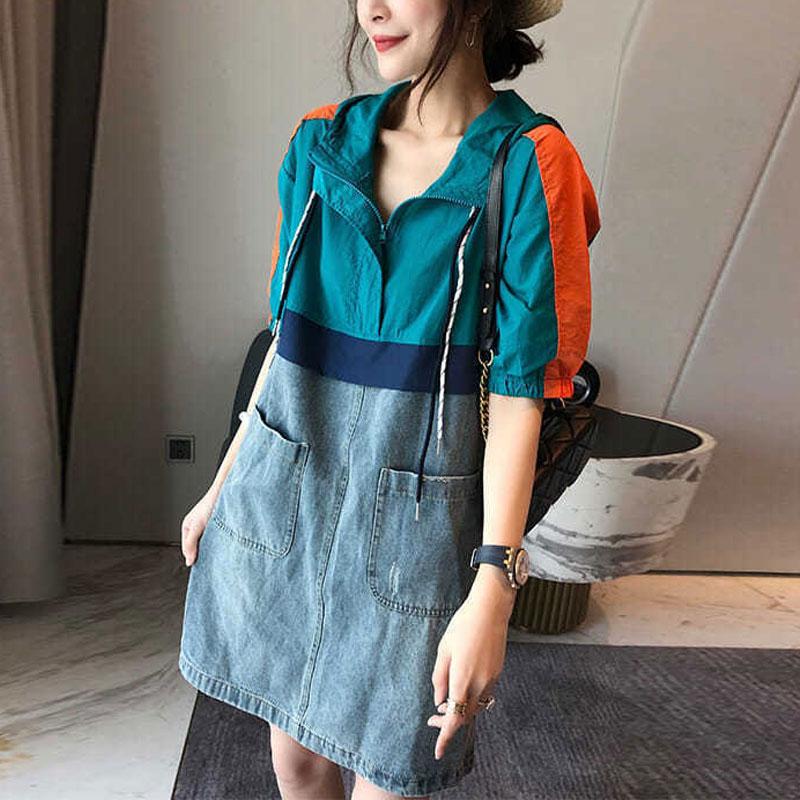 Women s Clothing Denim Midi Dress Patchwork Summer Pockets Casual Hooded Zipper Stylish Drawstring Basic Straight Loose Dresses S