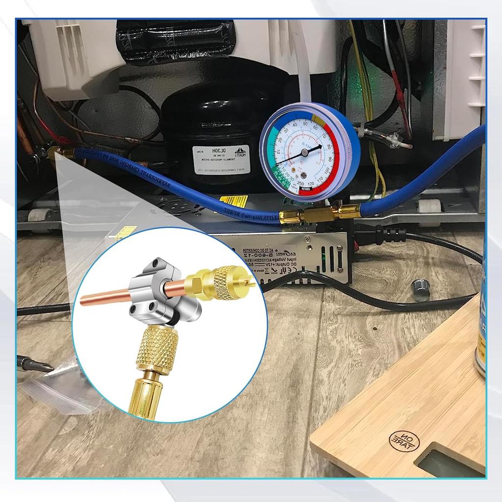 R134A Refrigerator Freon Recharge Hose Kit-R134a AC Refrigerant Charging Guage Hose Set with BPV31 Bullet Piercing Tap Valve and R134a Self-Sealing