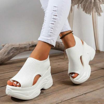 Sandálias de Sola Grossa Para Mulheres Verão Malha Respirável Biqueira Aberta Salto Inclinado Sandálias Tamanho Grande Esportivas Caminhada Malha Sapatos Planos