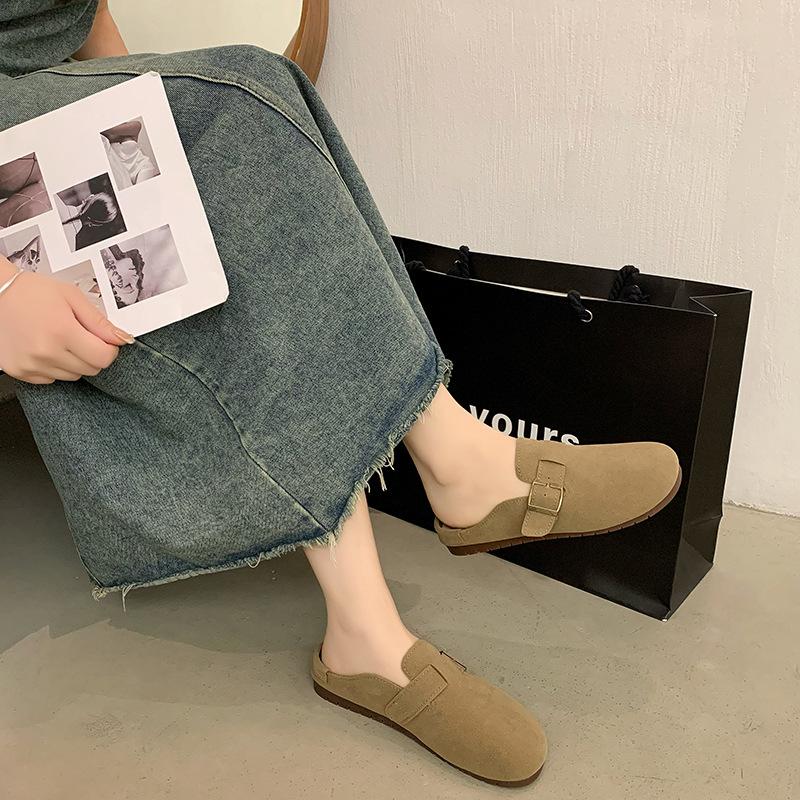 Retro buckle bag head half drag women wear spring new soft bottom lazy soft bottom flat bottom slippers women