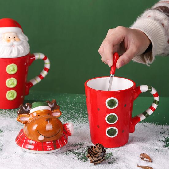 Kapaklı Noel Ağacı Kupa Büyük Kapasiteli Seramik Kahve Kupası Sıcak Soğuk İçecekler İçin Sevimli Noel Ağacı Kardan Adam Ayı Desenli Çok Yönlü İçecek Takımı