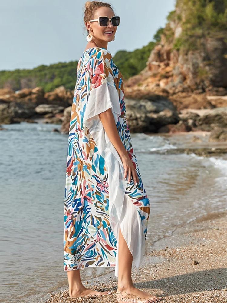 EDOLYNSA Bohemian Chiffon Printed Damenkleid Strandtunika Beachwear Kaftan Badeanzug Cover Up Pplus Size Kaftan Q1176
