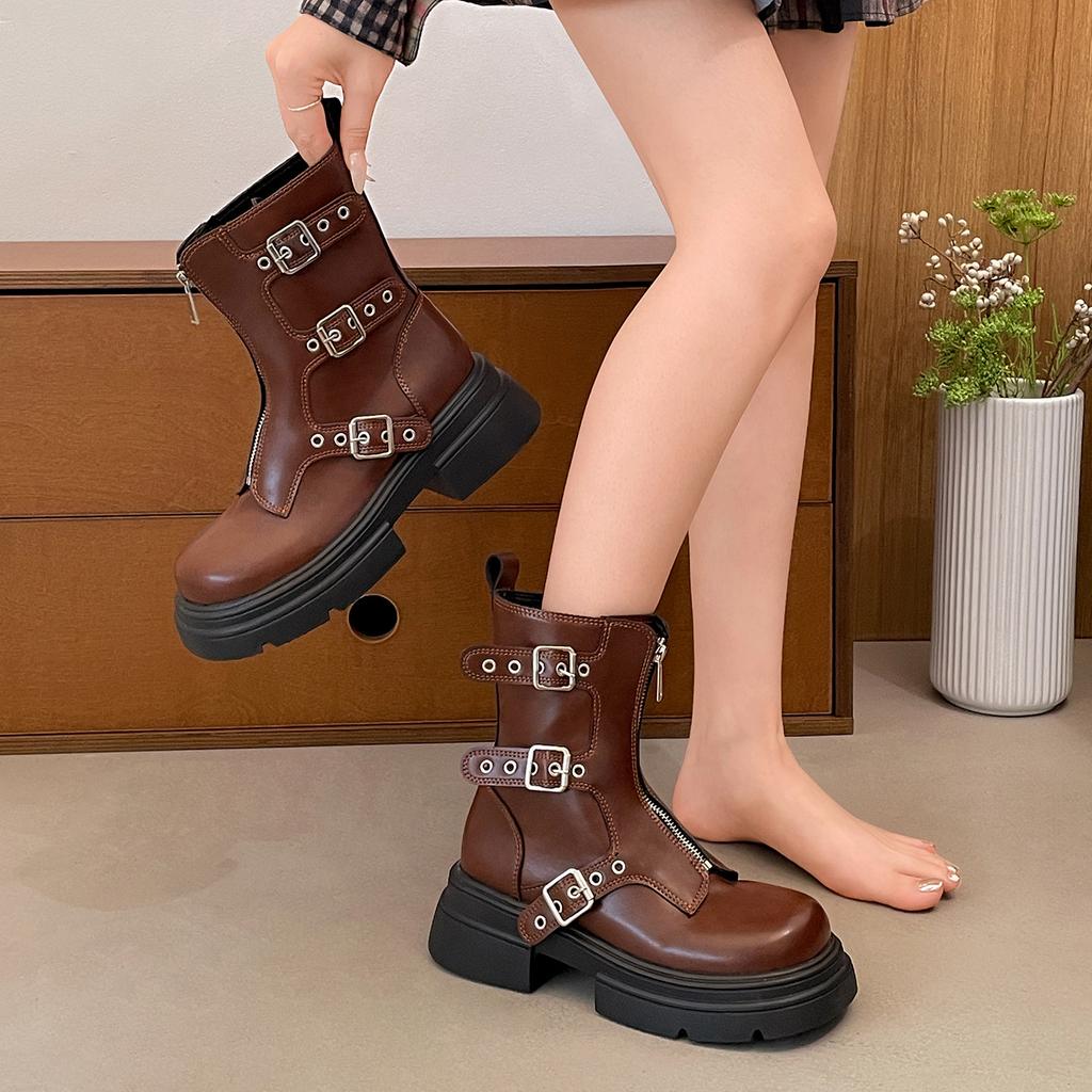 Queen Fan Black British Style Platform Martin Boots Women's 2025 New Autumn Small Man Height Increasing Skinny Short Boots