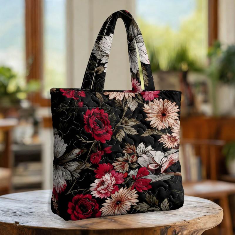 Floral Print Quilted Tote Bag - Shoulder Hand Carry Medium Size Street Style