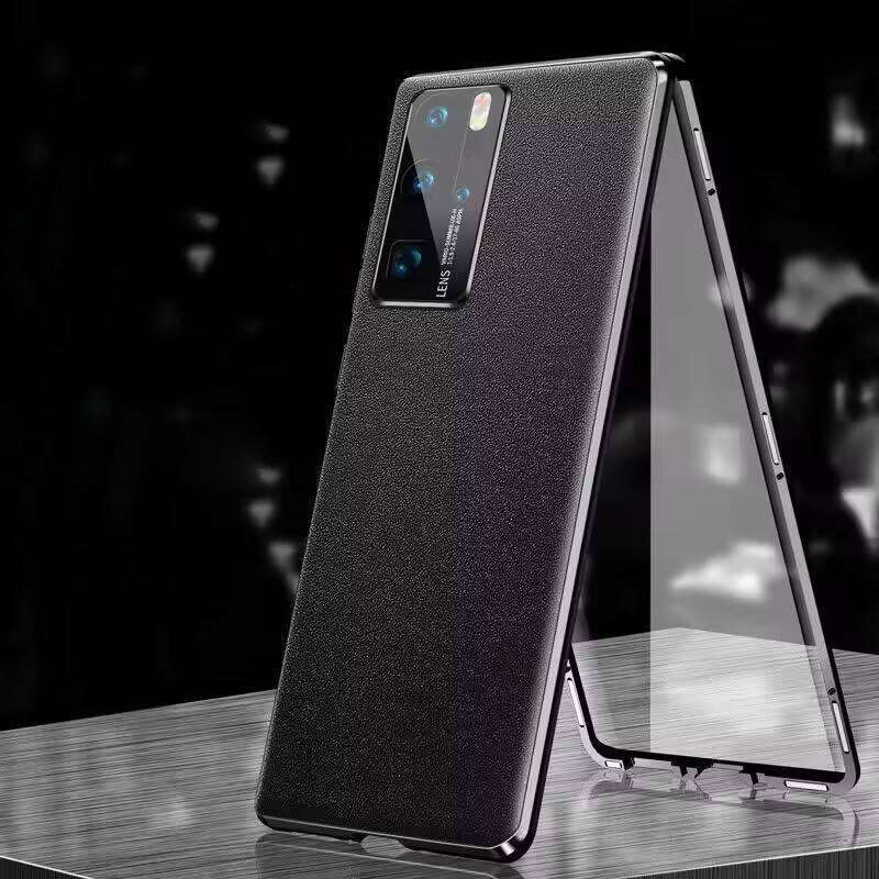 Etui dla Huawei P80 P30 P40 P70 Nova 14 13 Ultra Honor 200 100 90 80 70 Magic 8 Pro, Aluminiowy Bumper z Hartowanym Szkłem i Skórzanym Tyłem Bumpery na Telefon