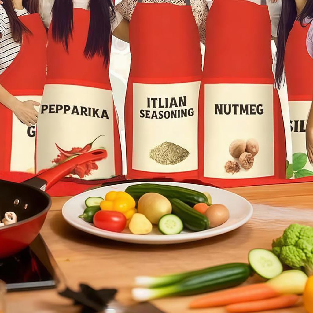 6-Piece Apron And Hat Set, Fun Group Festival Red Apron Condiment For Adult Women Team, Party Event Role Play Matching Set