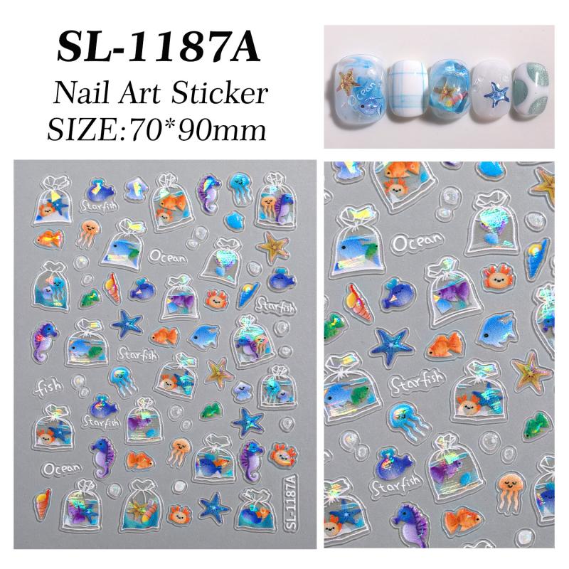 Shiny Goldfish Plastic Bag Seahorses Summer Jellyfish Starfish Shell Conch Koi Water Bubble Star Carp Nail Art Stickers Decals