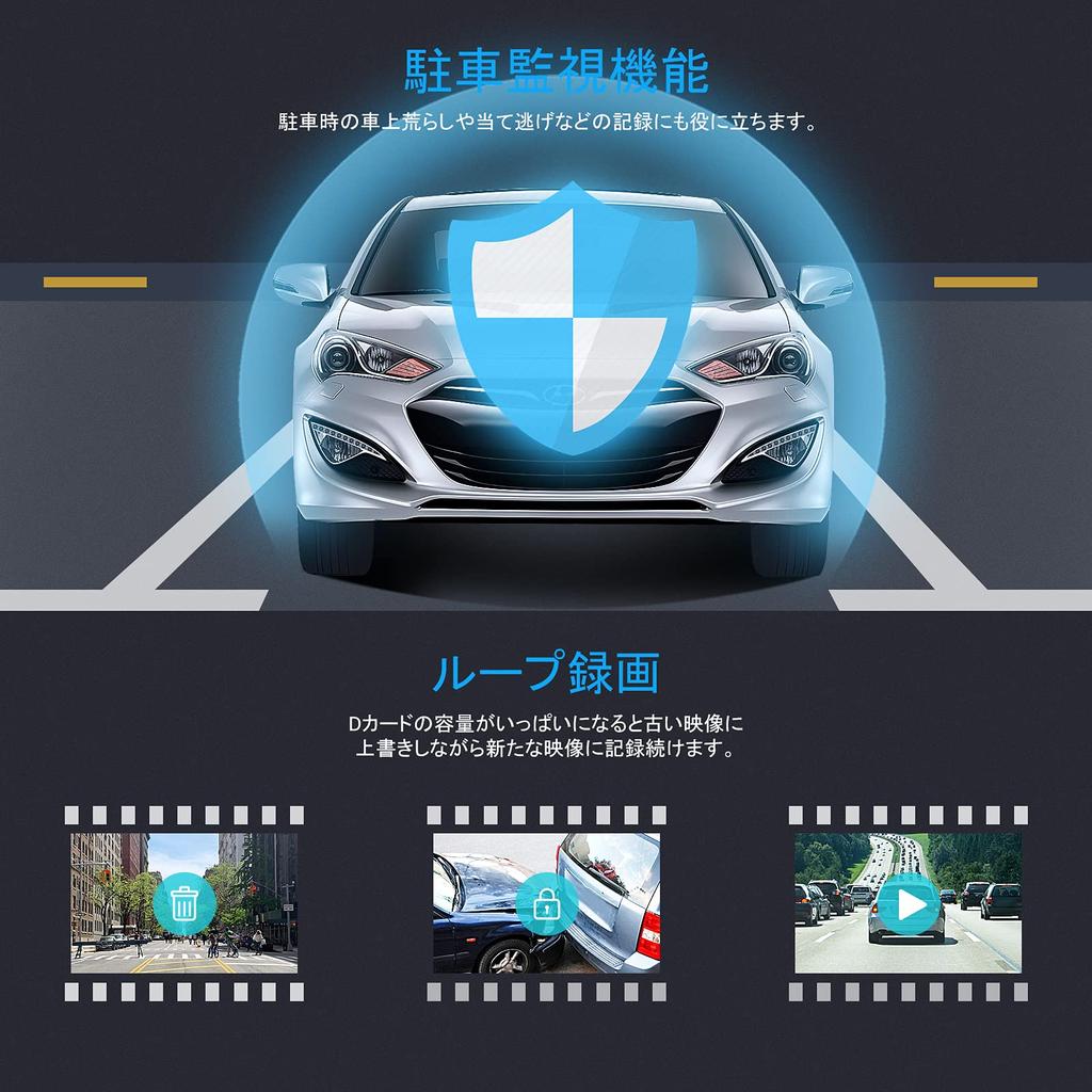 LAMONKE Drive Recorder 3 telecamere Schermo da 2,0 pollici Telecamera per auto Telecamere anteriori e posteriori Telecamera per auto 1080P Full HD 170° Ultra grandangolo Infrarossi Nig