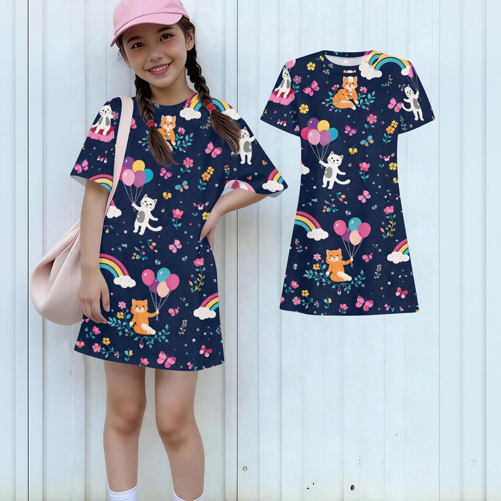 Girls Print Casual Dress Kids Loose Round Neck Short Sleeve Thin Sundress
