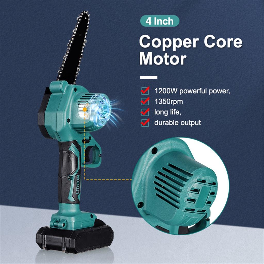 1200W Mini 4palcová dobíjecí elektrická řetězová pila s 1/2 lithium-iontovou baterií Dřevoobráběcí prořezávací pila pro jednu ruku Zahradní nářadí
