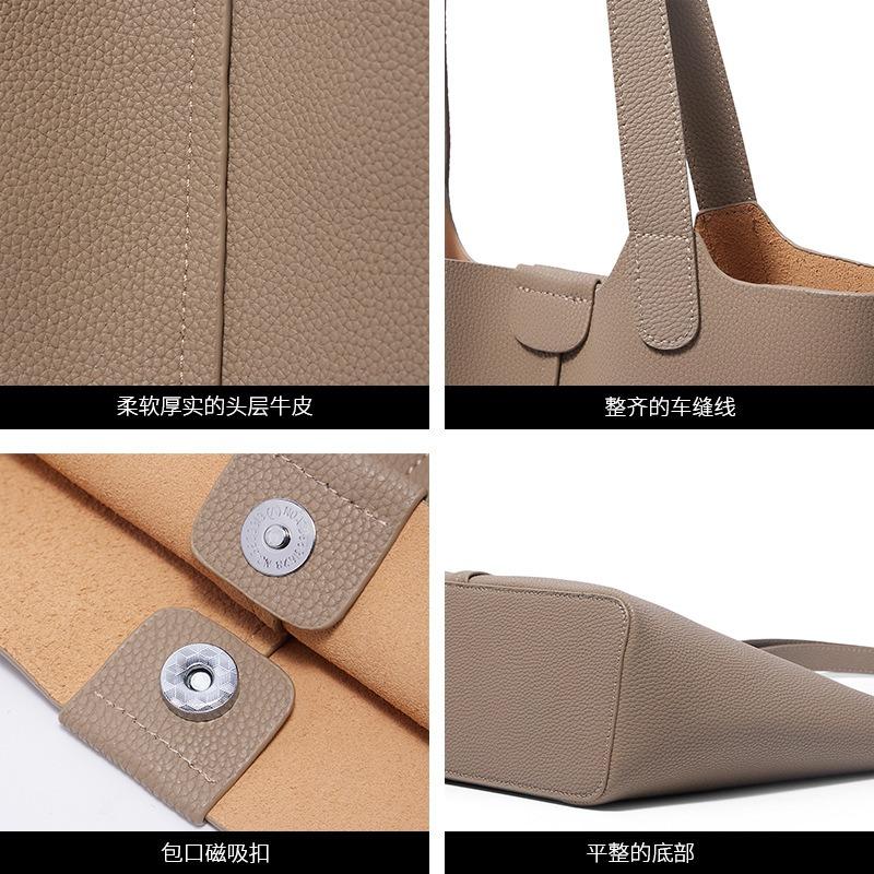 Leather Women's Bags, Shoulder Bags, New Two-layer Cowhide Bucket Bags, Handbags, Fashionable and Versatile Commuter Tote Bags