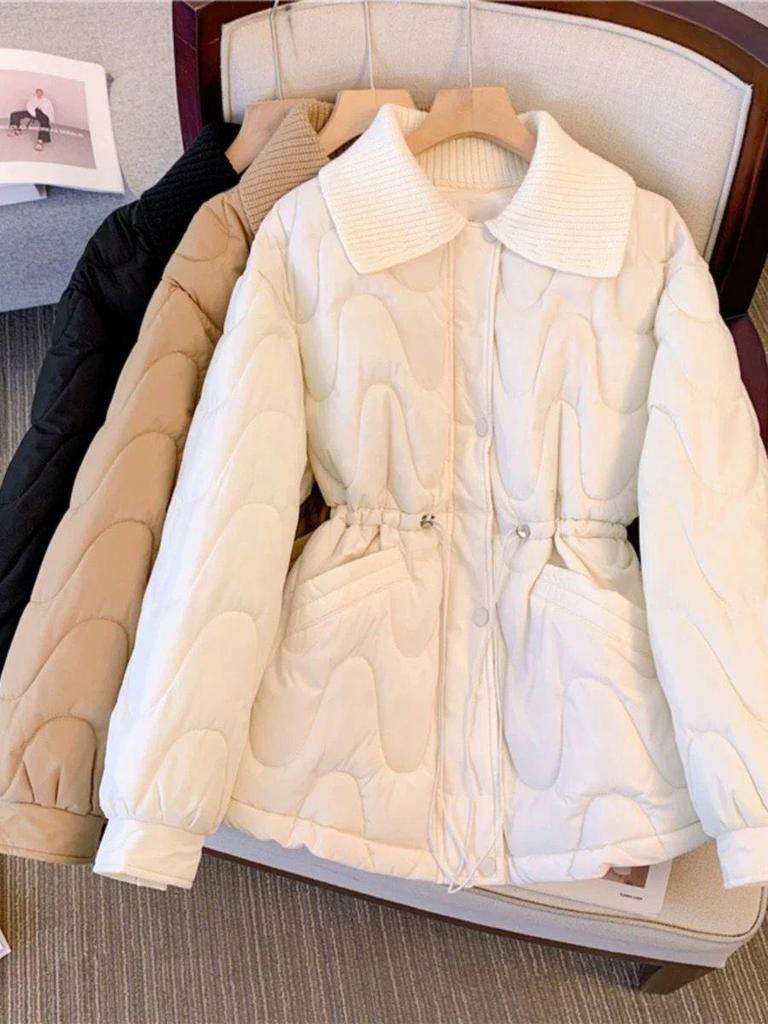 Women's Thickened Down Cotton Coat - Winter Fashion, Versatile Petite Jacket with Turn-down Collar