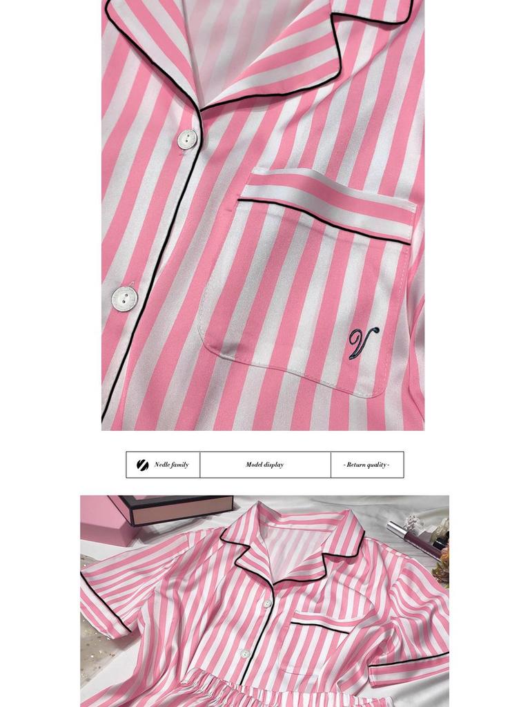Women's Summer Pink Stripe Ice Silk Short Sleeve Pajama Set for Indoors and Outdoors