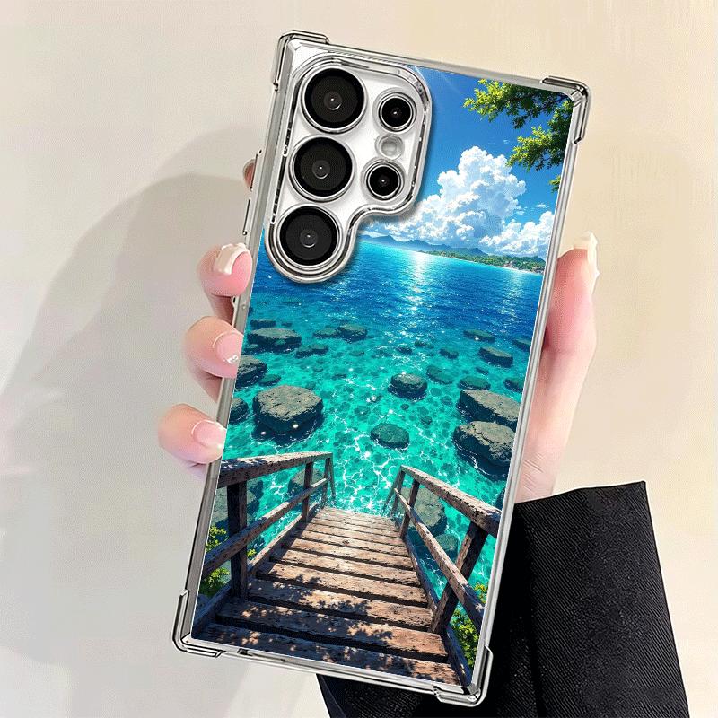 Summer Beach Sea Palm Tree Vacation Plating Phone Case For Samsung Galaxy S24 S25 FE S26 Edge S23 Ultra S22 S21 Plus S20 Anti-Fa