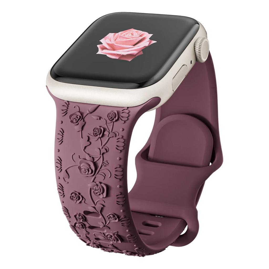 Floral Engraved Strap For Apple Watch Band 40mm 44mm 41mm 49mm 45mm 38mm 42mm Silicone Bracelet Iwatch Series 9 7 Se 6 8 Ultra 2