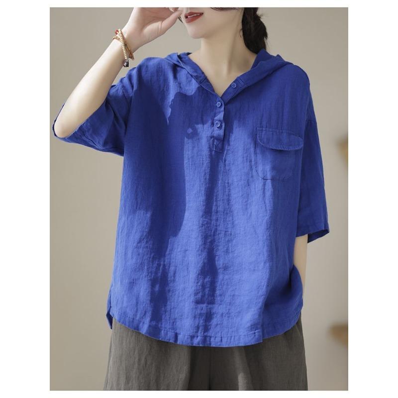 Short-sleeved T-shirt New Cotton and Linen Women's Top Hoodie Loose Simple Literary Original Slimming Women's T-shirt Women