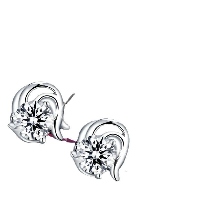 White Copper Silver-Plated Retro Zodiac Stud Earrings with Zircon Stones