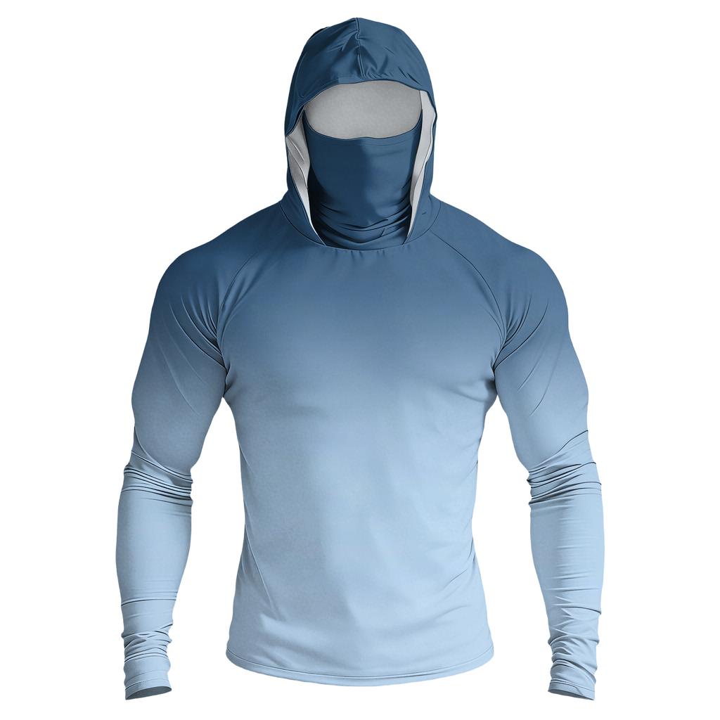 Men Raglan Sleeve Gradient Hooded Long Sleeve Sun Shirt Lightweight Pullover with Thumb Holes for Outdoor Activities