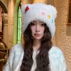 Cute Button Bear Ear Plush Knitted Hat for Women Warm and Ear Protecting Woolen Hat and Headscarf for Autumn and Winter