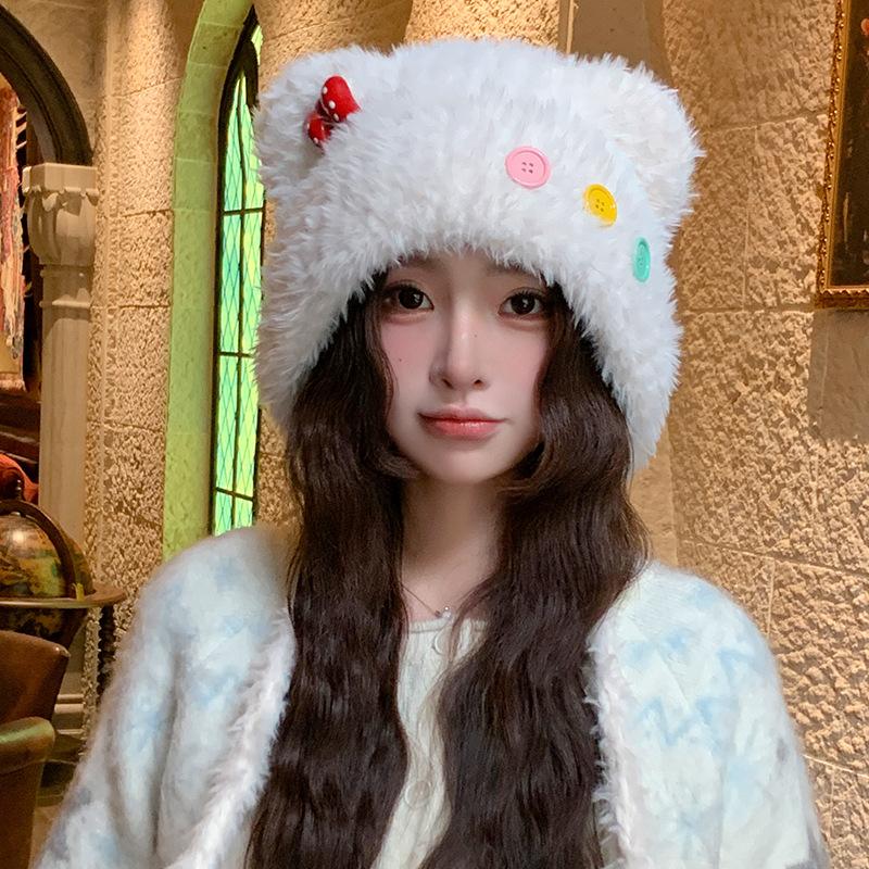 Cute Button Bear Ear Plush Knitted Hat for Women Warm and Ear Protecting Woolen Hat and Headscarf for Autumn and Winter