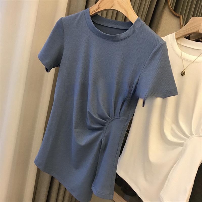 Top de damă cu talie laterală elastică, plisat, cu crăpătură și mâneci scurte - Tendință Vara 2025