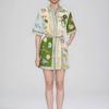 European and American Women's Clothing, New Spring Models, Fashionable Flower-printed Lapel-neck Lace-up Short Dress Dress