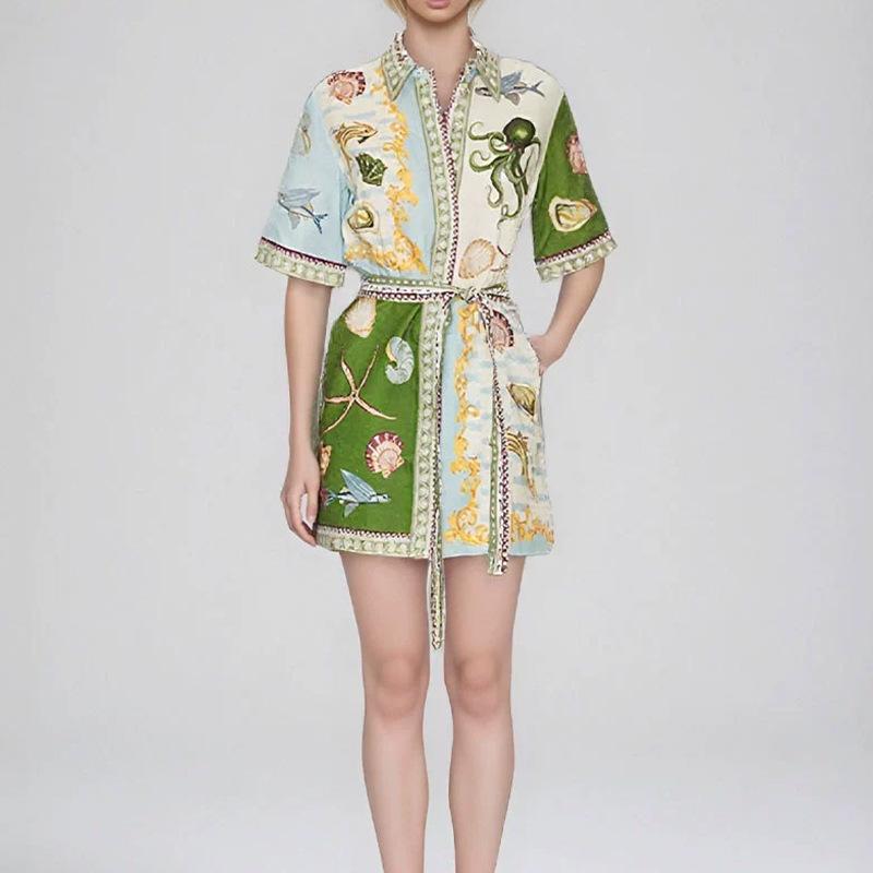 European and American Women's Clothing, New Spring Models, Fashionable Flower-printed Lapel-neck Lace-up Short Dress Dress