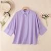 ZANZEA Women Casual Loose Lapel Collar 3/4 Batwing Sleeve Buttons Up Blouse