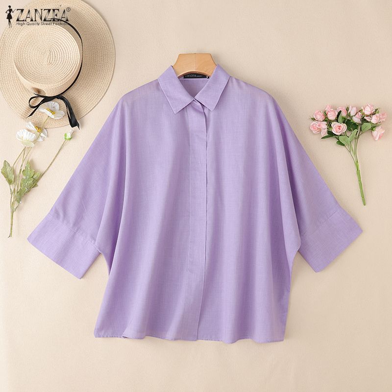 ZANZEA Women Casual Loose Lapel Collar 3/4 Batwing Sleeve Buttons Up Blouse